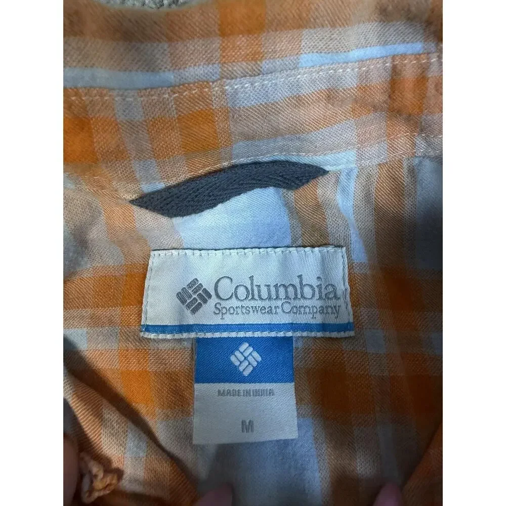 Columbia Shirt Mens M Orange Long Sleeve Button Up Plaid Lightweight Breathable